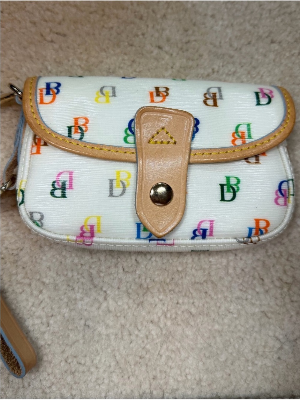 Dooney & Bourke White Multicolor DB Logo Wristlet with Tan Trim